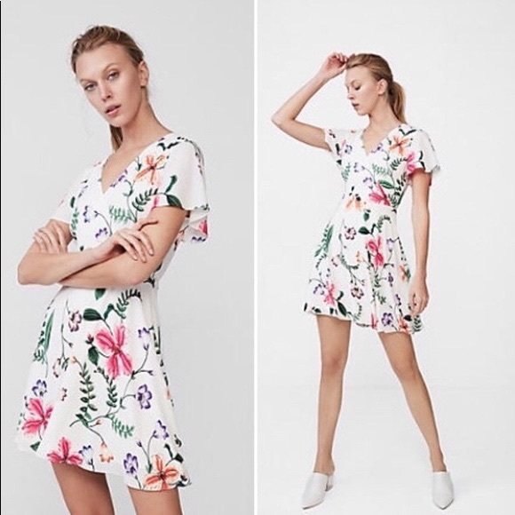Express Floral Fit & Flare Short Sleeve Dress - Picture 1 of 8